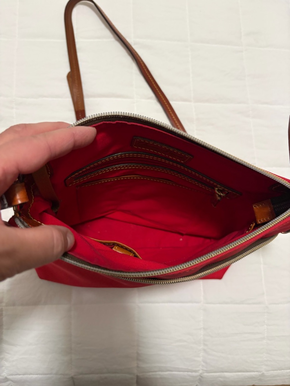 Red Crossbody Canvas Bag with Brown Trim - Picture 3 of 4